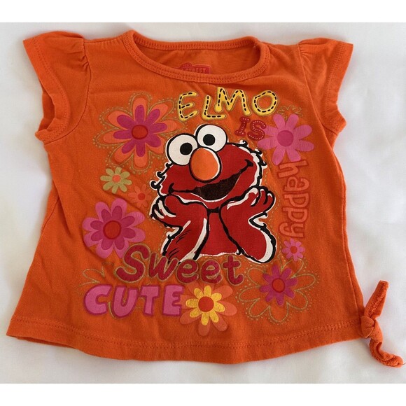 Elmo Girls Tee Size 4T Short Sleeve Sesame Street Orange Floral Happy T-Shirt - Picture 2 of 6